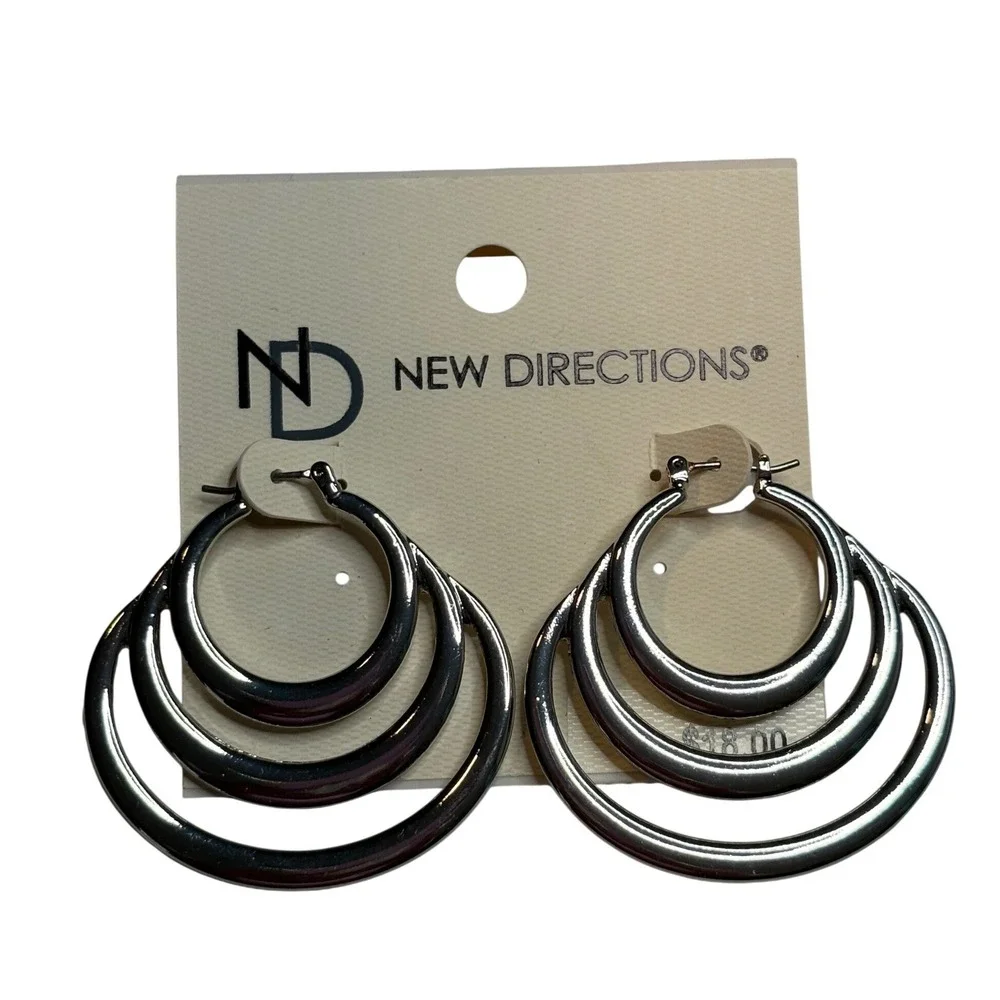 New Directions‎ Triple Layer Hoop Earrings Womens Silver Tone Multi Hoop NWT